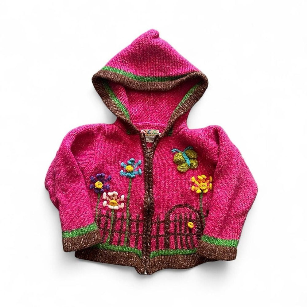 Vintage Pink Hooded Wool Knit Cardigan Zip Up with Floral Design